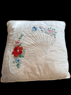 Vintage MCM Embroidered Throw Pillow Floral Fan Cottage-core granny core Airb&b
